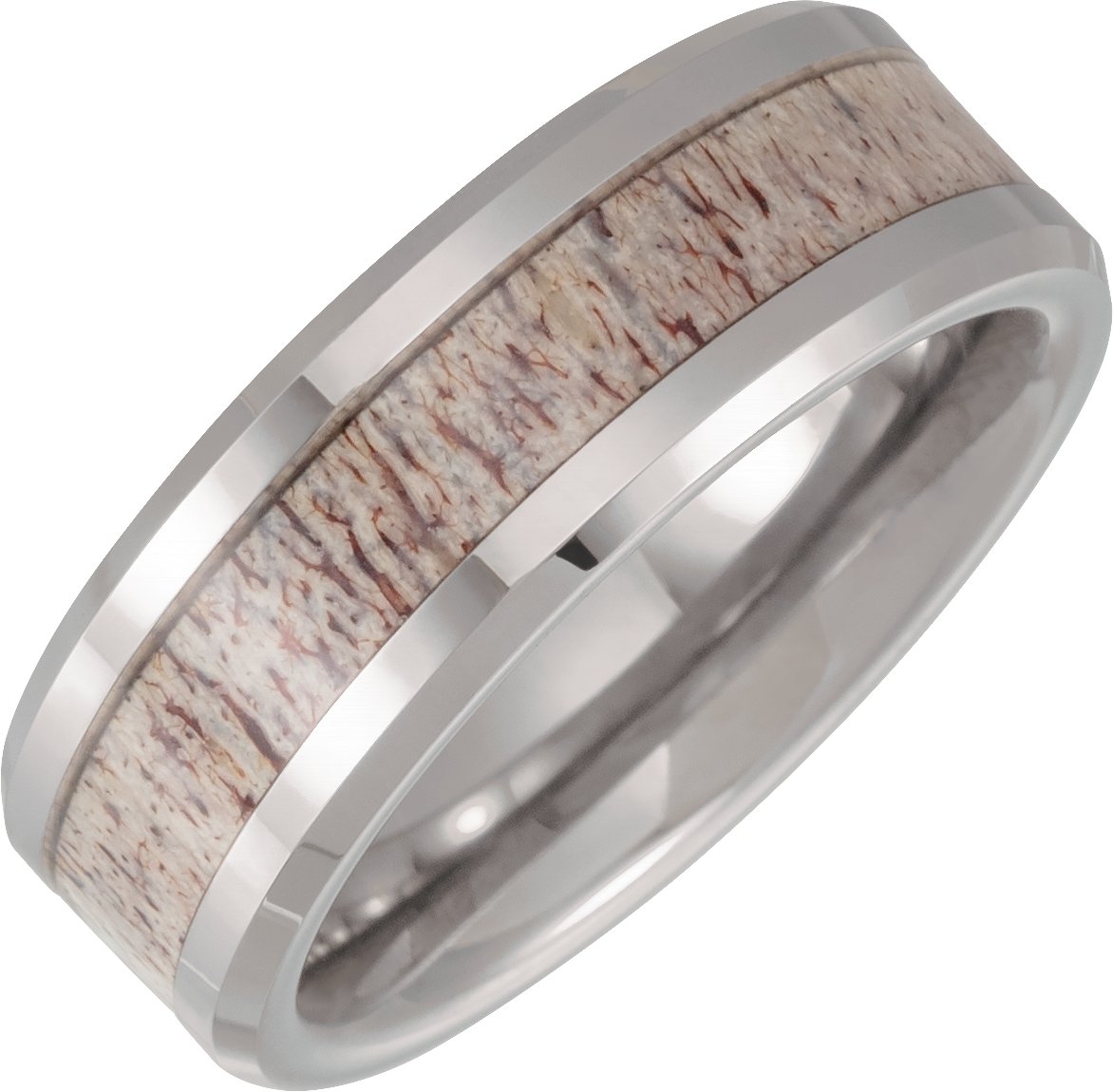 Tungsten Beveled-Edge Velvet Antler Wood Inlay Comfort-Fit Flat Band