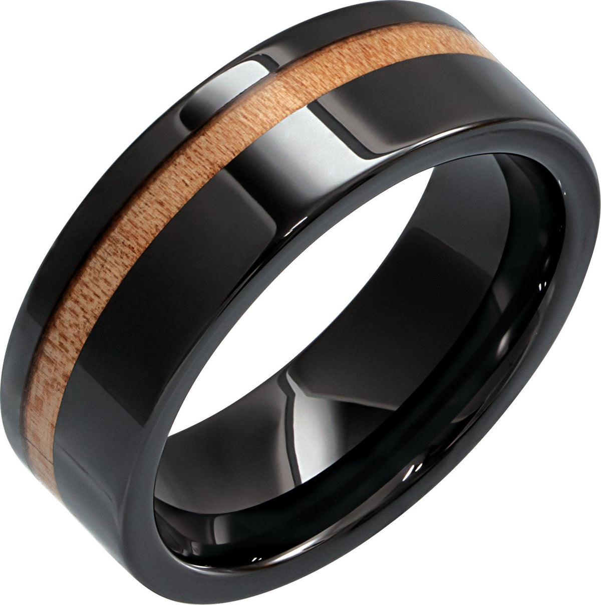 Black Ceramic Cypress Wood Inlay Comfort-Fit Flat Band