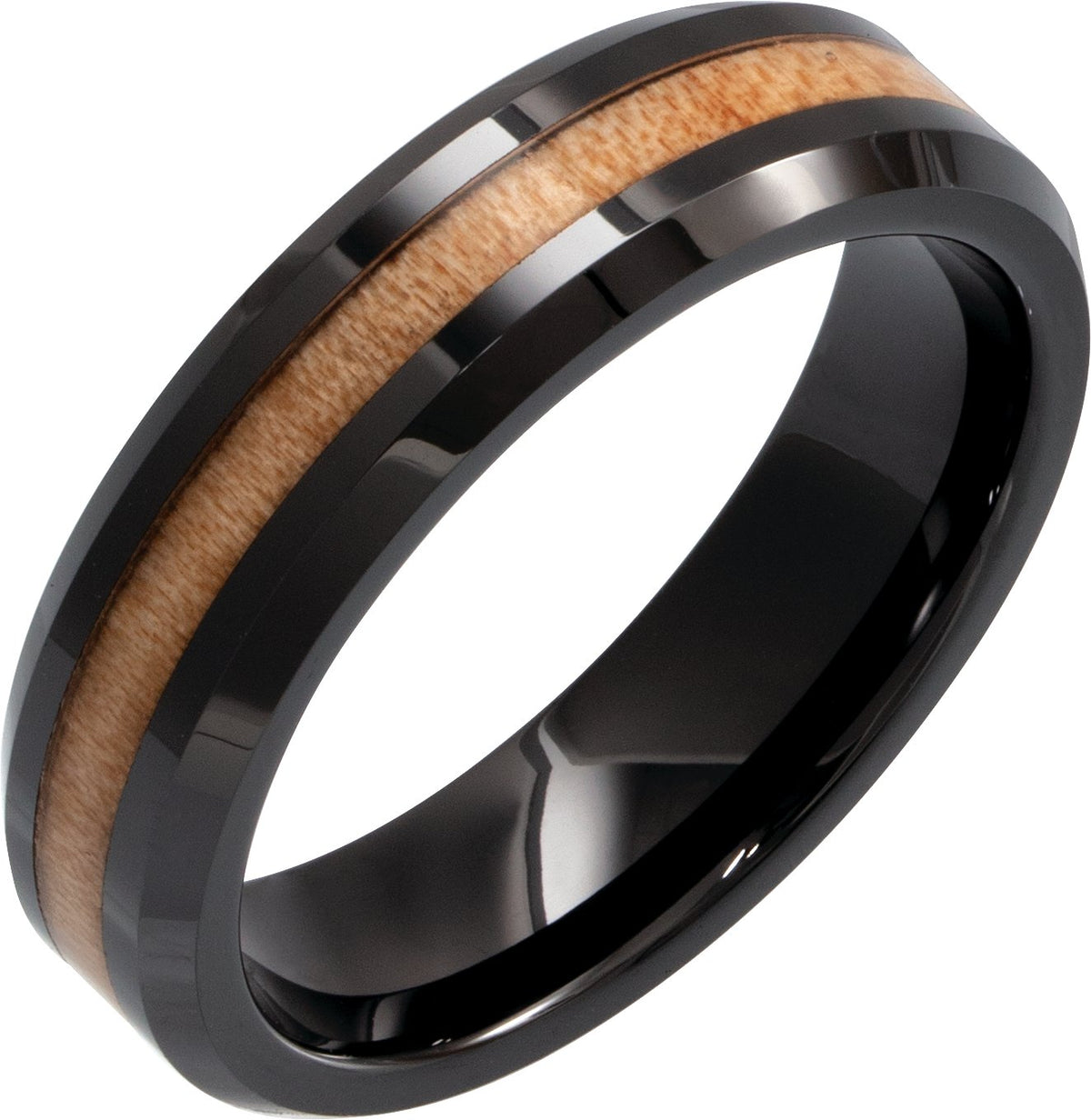 Black Ceramic Beveled-Edge Cypress Wood Inlay Comfort-Fit Flat Band