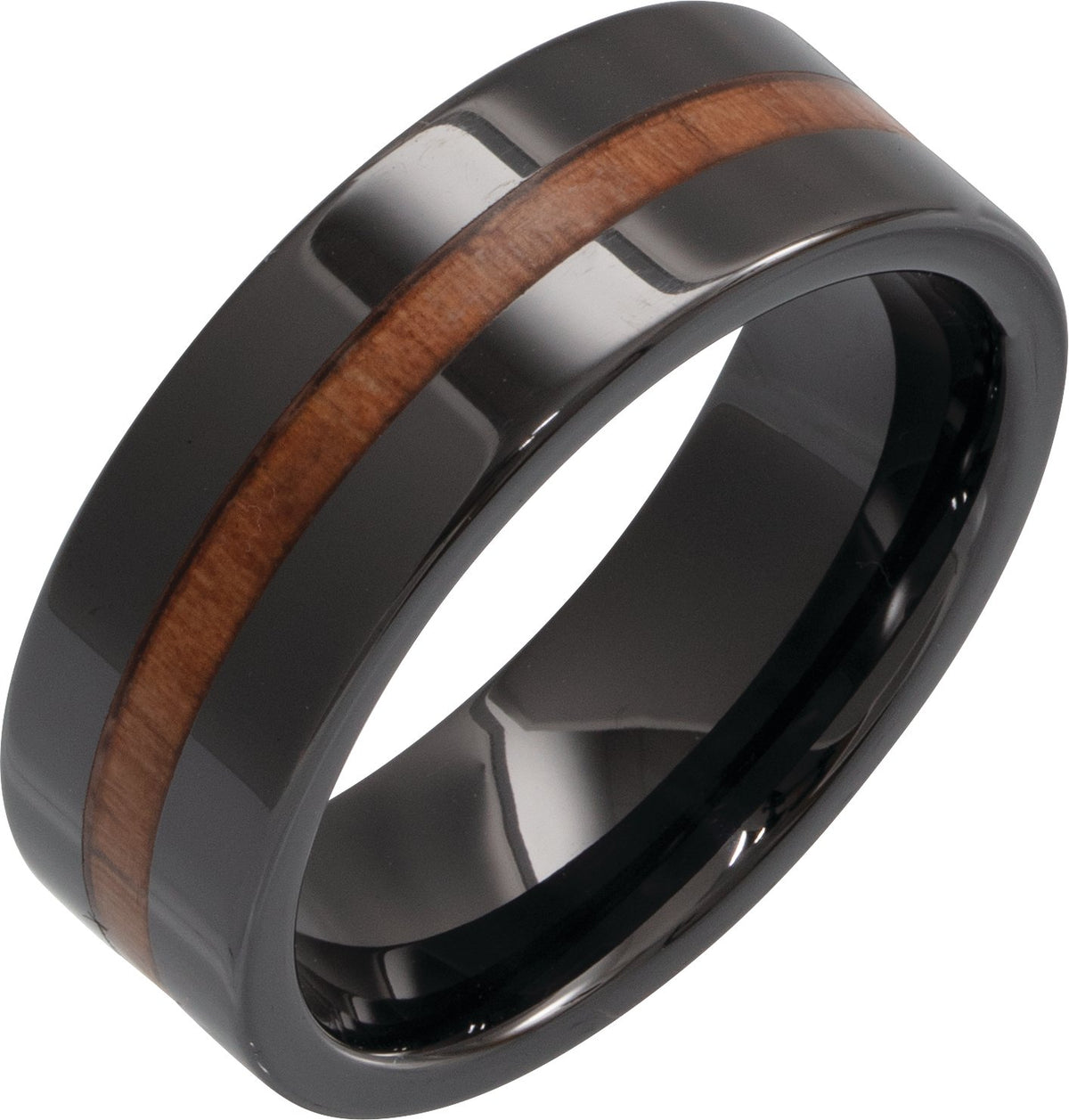 Black Ceramic Hickory Wood Inlay Comfort-Fit Flat Band