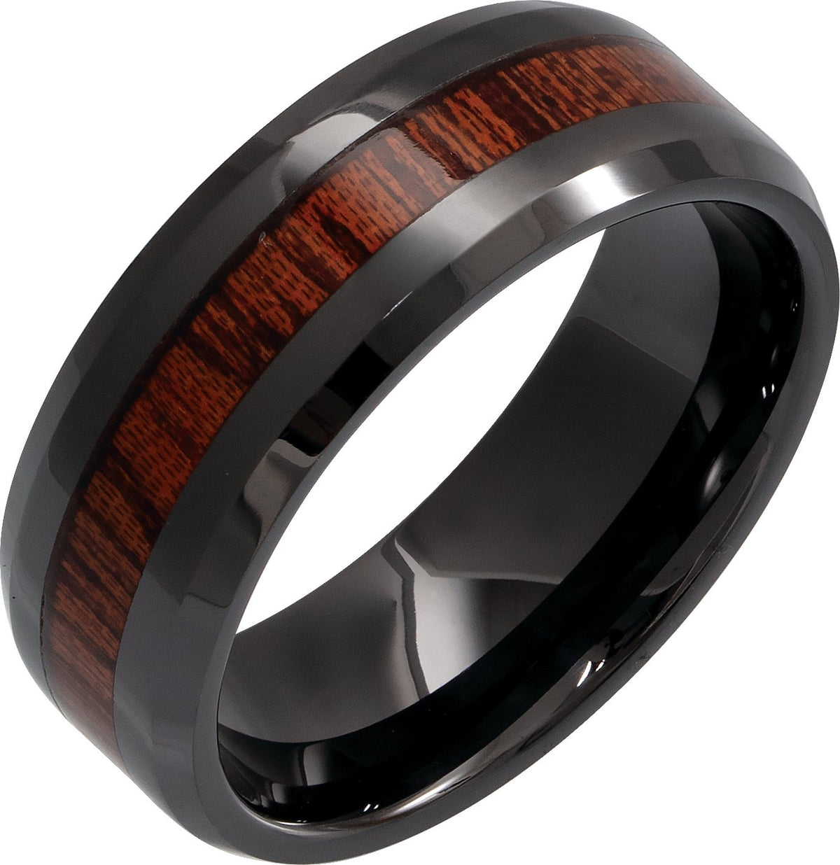 Black Ceramic Beveled-Edge Mahogany Wood Inlay Comfort-Fit Band