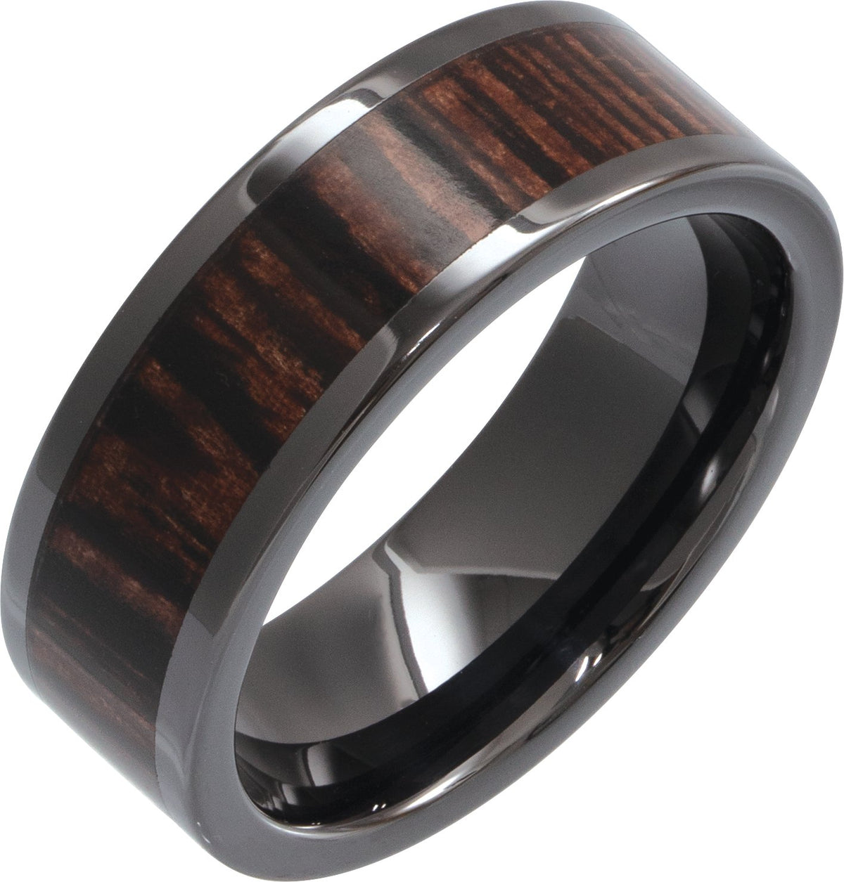 Black Ceramic Wenge Wood Inlay Comfort-Fit Flat Band