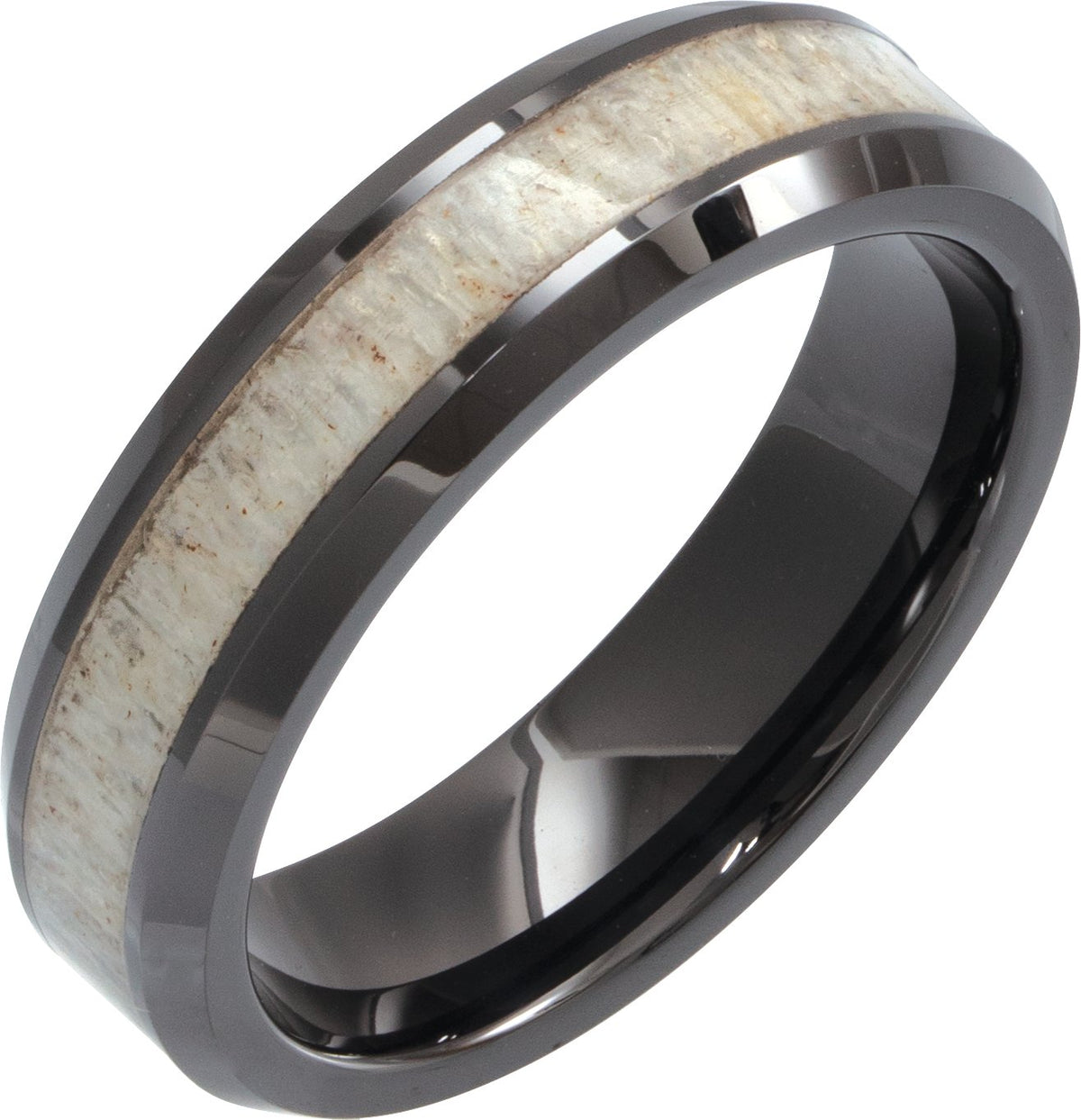 Black Ceramic Beveled-Edge Antler Wood Inlay Comfort-Fit Band