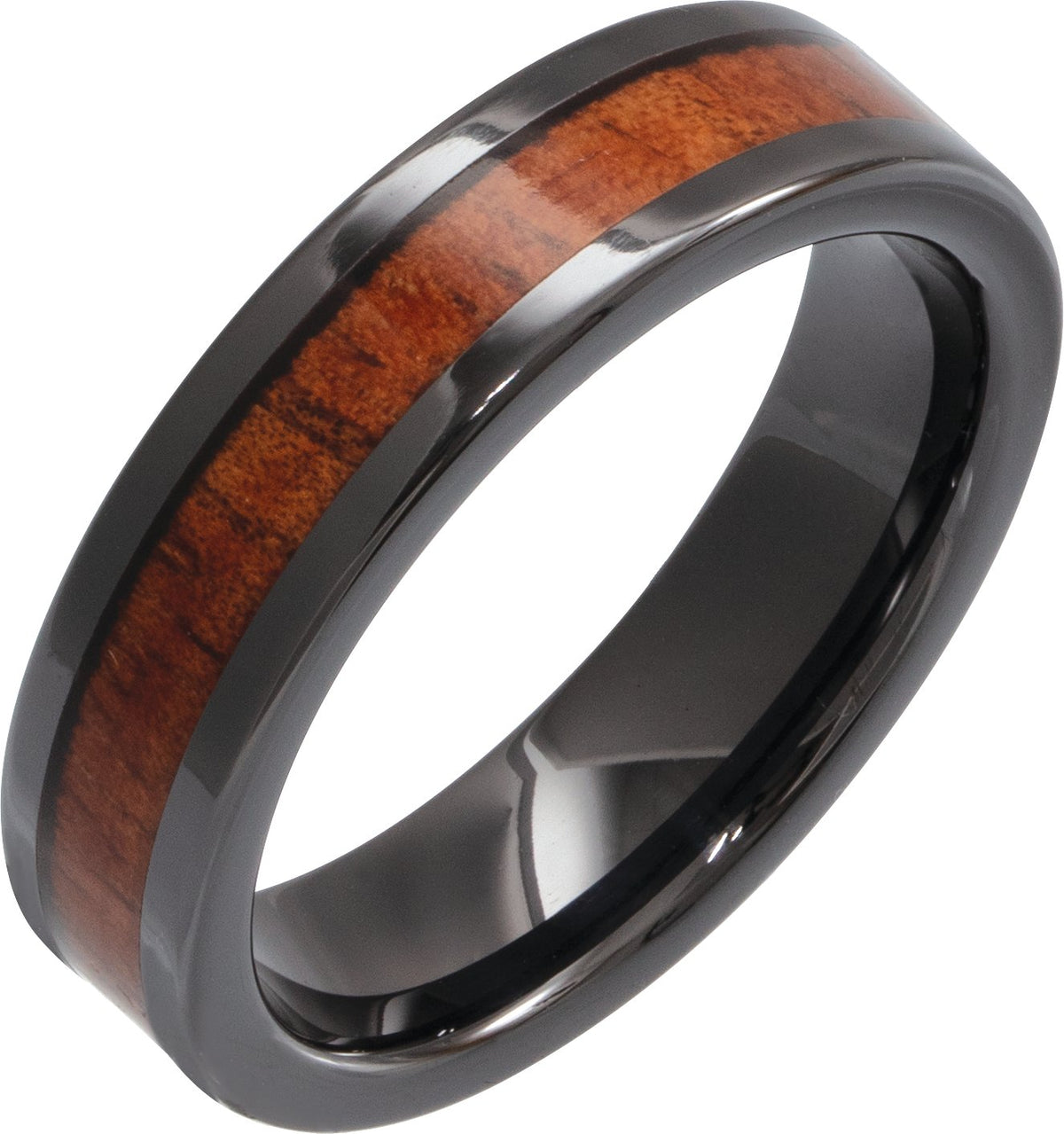 Black Ceramic KOA Wood Inlay Comfort-Fit Flat Band