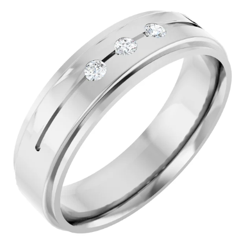 Accented Stepped-Edge Grooved Comfort-Fit Flat Band – 0.08 CTW Diamond