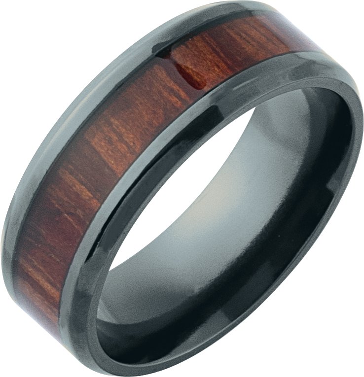 Black Titanium Beveled-Edge Golden Pineapple Wood Inlay Comfort-Fit Band
