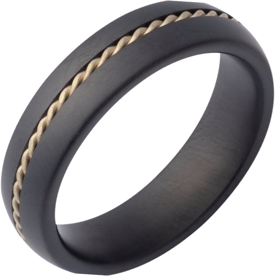 Black Ceramic & 14K Yellow Gold Rope Inlay Comfort-Fit Half-Round Band with Satin Finish