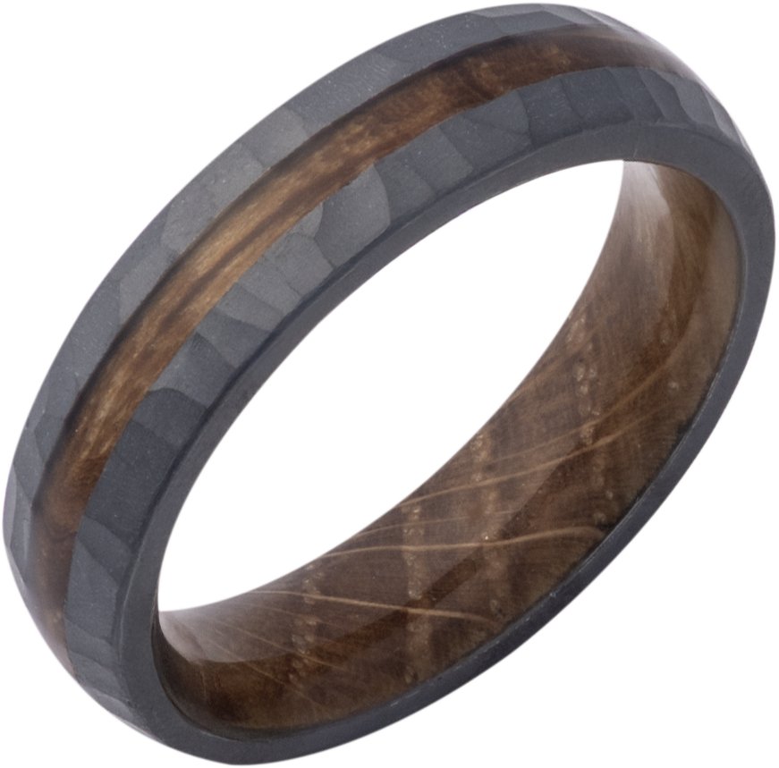 Zirconium Whiskey Barrel Wood Inlay & Interior Sleeve Comfort-Fit Half-Round Band