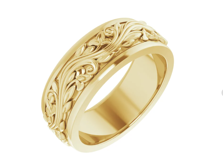 14K Yellow Gold Floral Inlay Flat Band