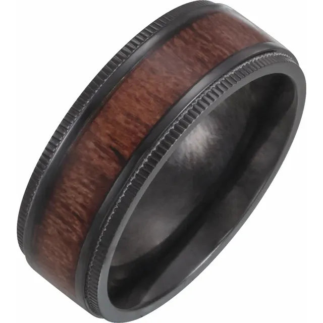 Black Titanium 8 mm Beveled-Edge Teak Wood Inlay Comfort-Fit