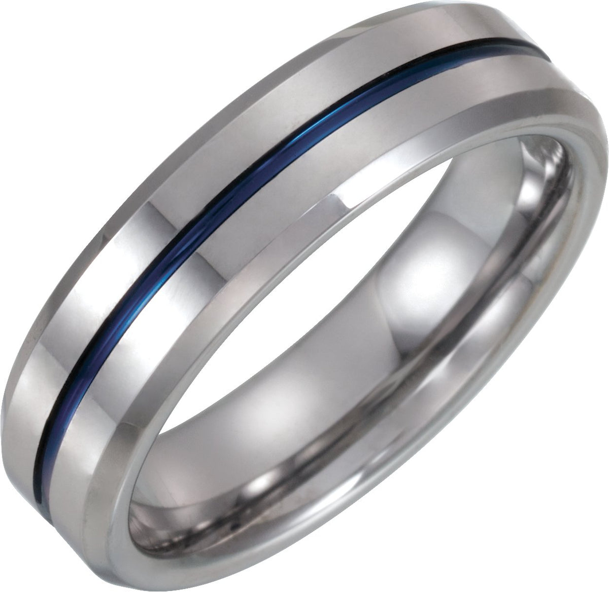 Tungsten & Blue Enamel Inlay Grooved Comfort-Fit Flat Band