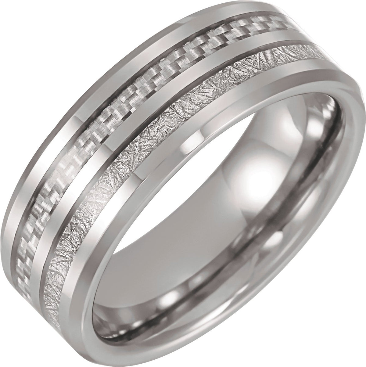 Tungsten 8 mm Beveled-Edge Imitation Meteorite & Carbon Fiber Inlay Comfort-Fit Band