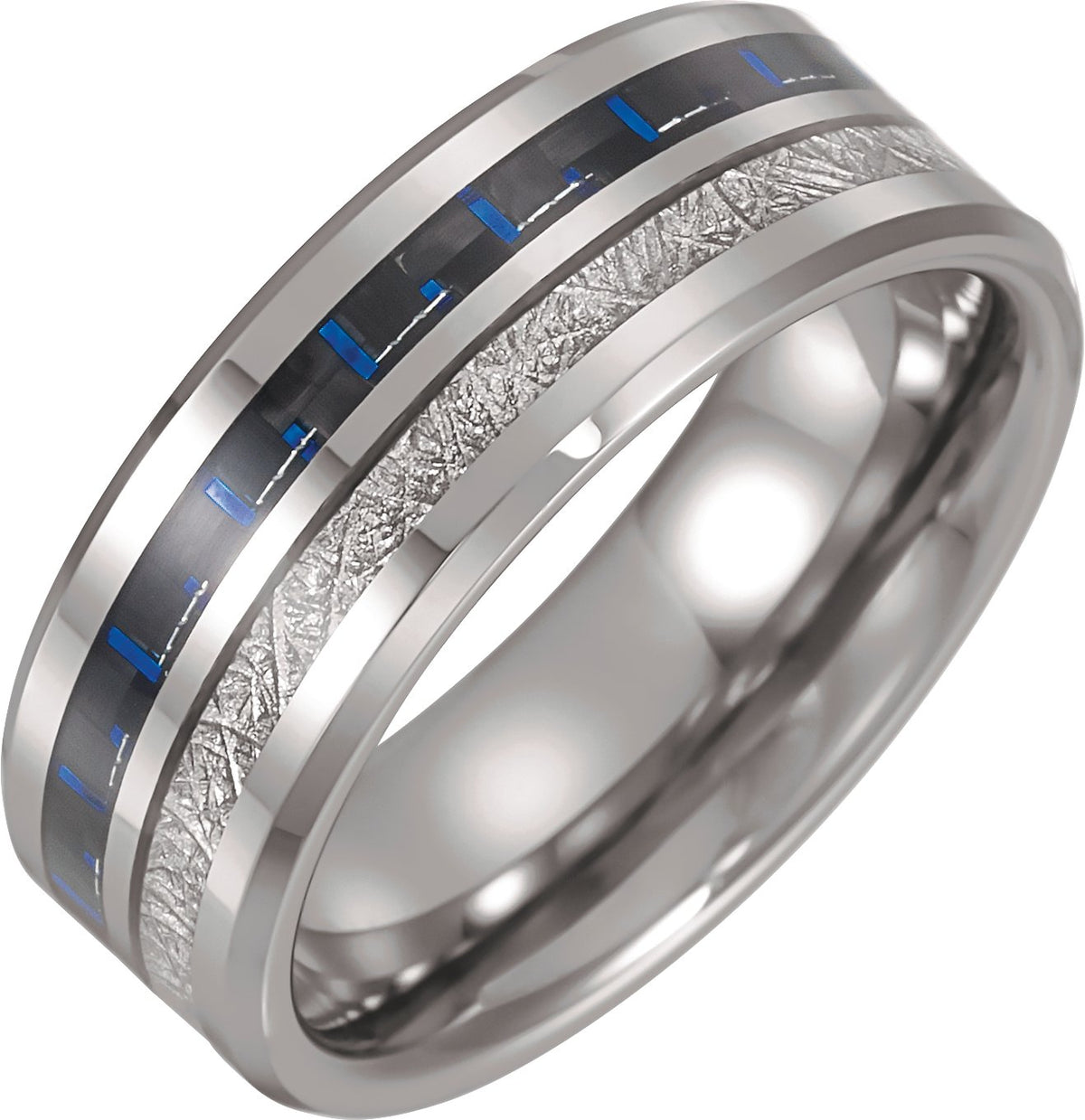 Tungsten Beveled-Edge Imitation Meteorite & Carbon Fiber Inlay Comfort-Fit Band
