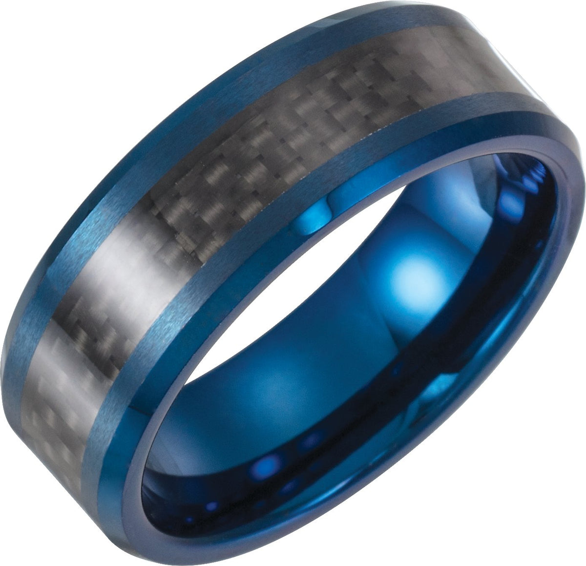 Blue Enameled Tungsten Beveled-Edge Carbon Fiber Inlay Comfort-Fit Band