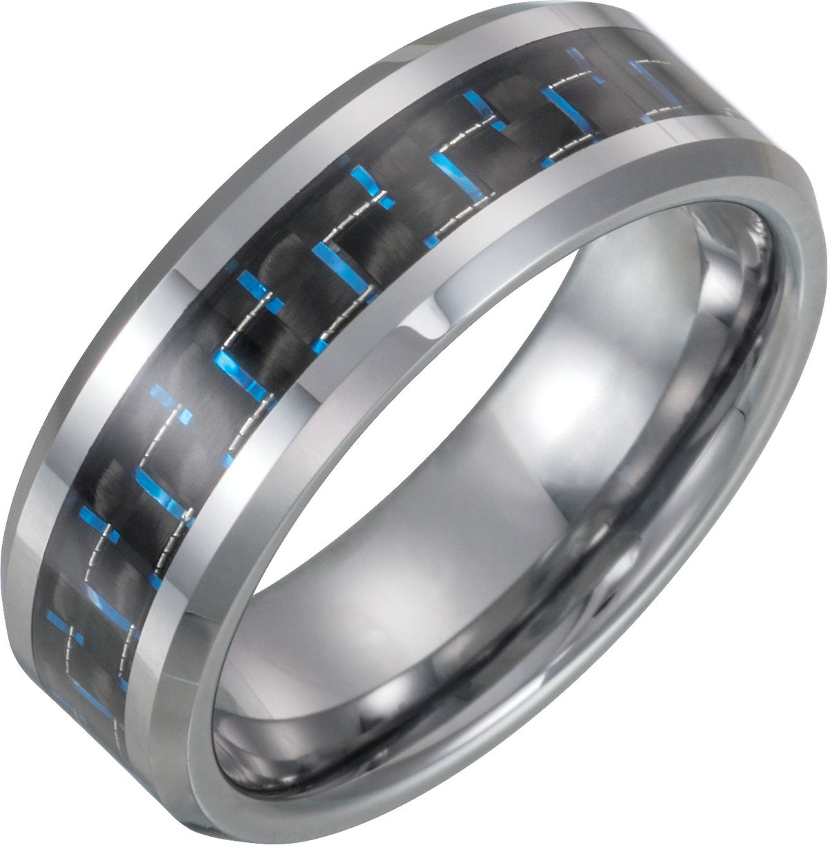 Tungsten Beveled-Edge Black & Blue Carbon Fiber Inlay Comfort-Fit Band