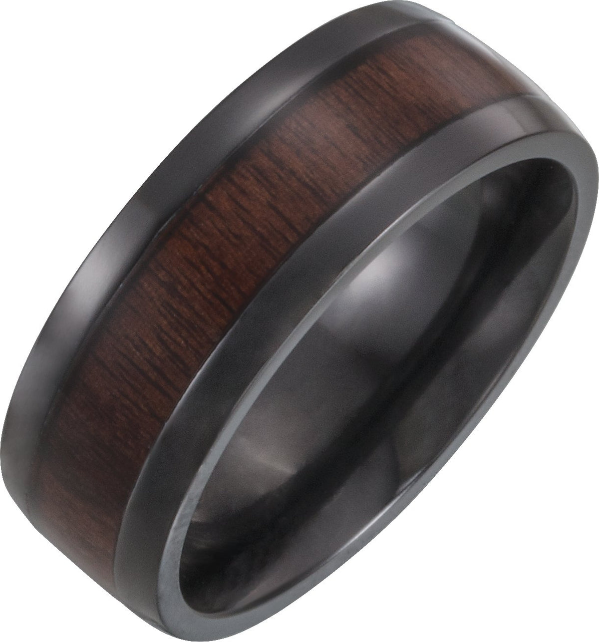 Black Titanium Beveled-Edge Ebony Wood Inlay Comfort-Fit Band