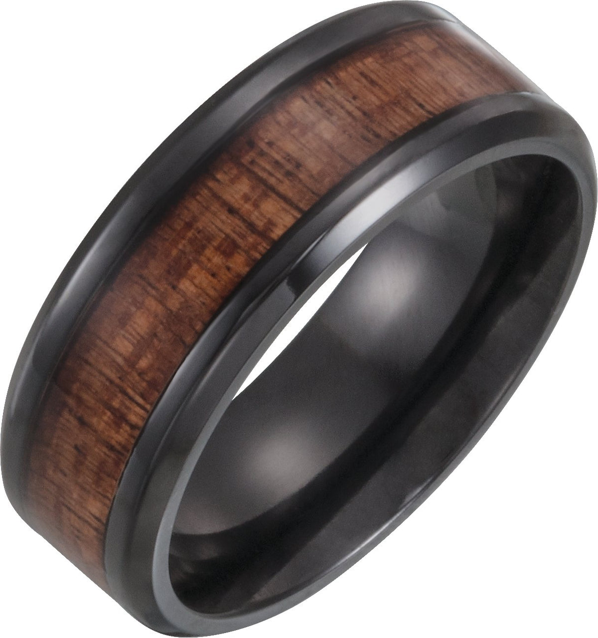 Black Titanium Beveled-Edge Hawaiian Koa Wood Inlay Comfort-Fit Band