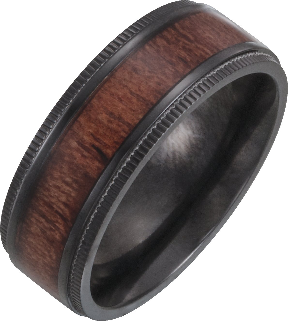 Black Titanium Beveled-Edge Teak Wood Inlay Comfort-Fit Band