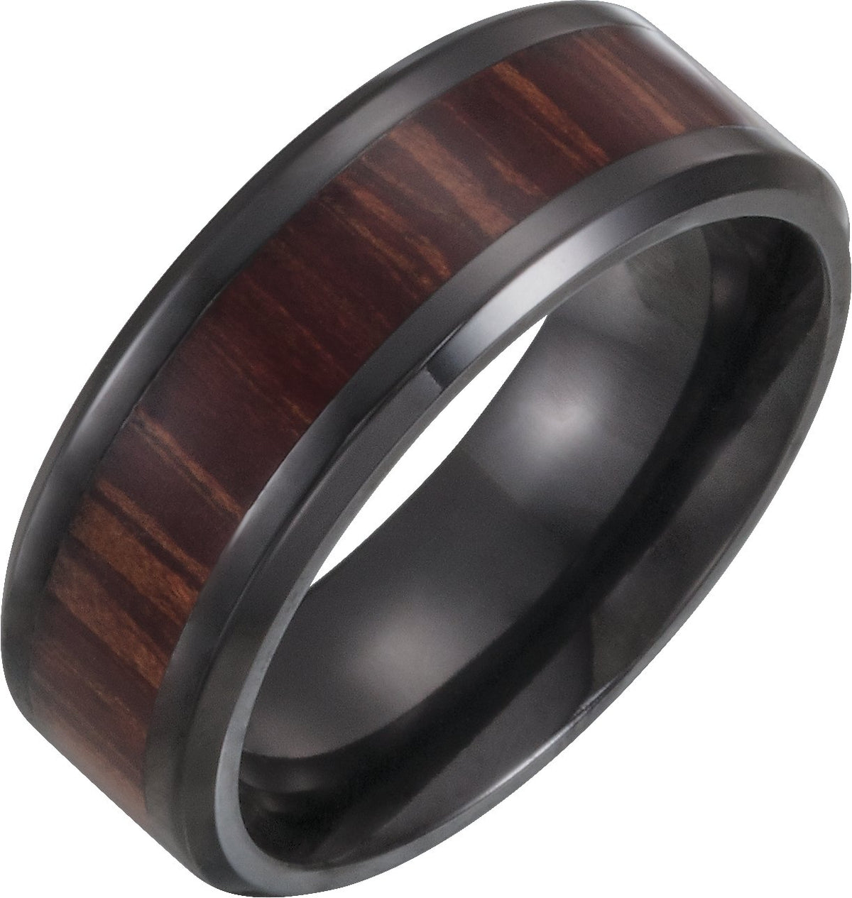 Black Titanium Beveled-Edge Wood Inlay Comfort-Fit Band