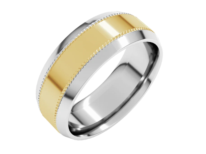 14K Two-Tone Gold Beveled-Edge Milgrain Comfort-Fit Flat Band