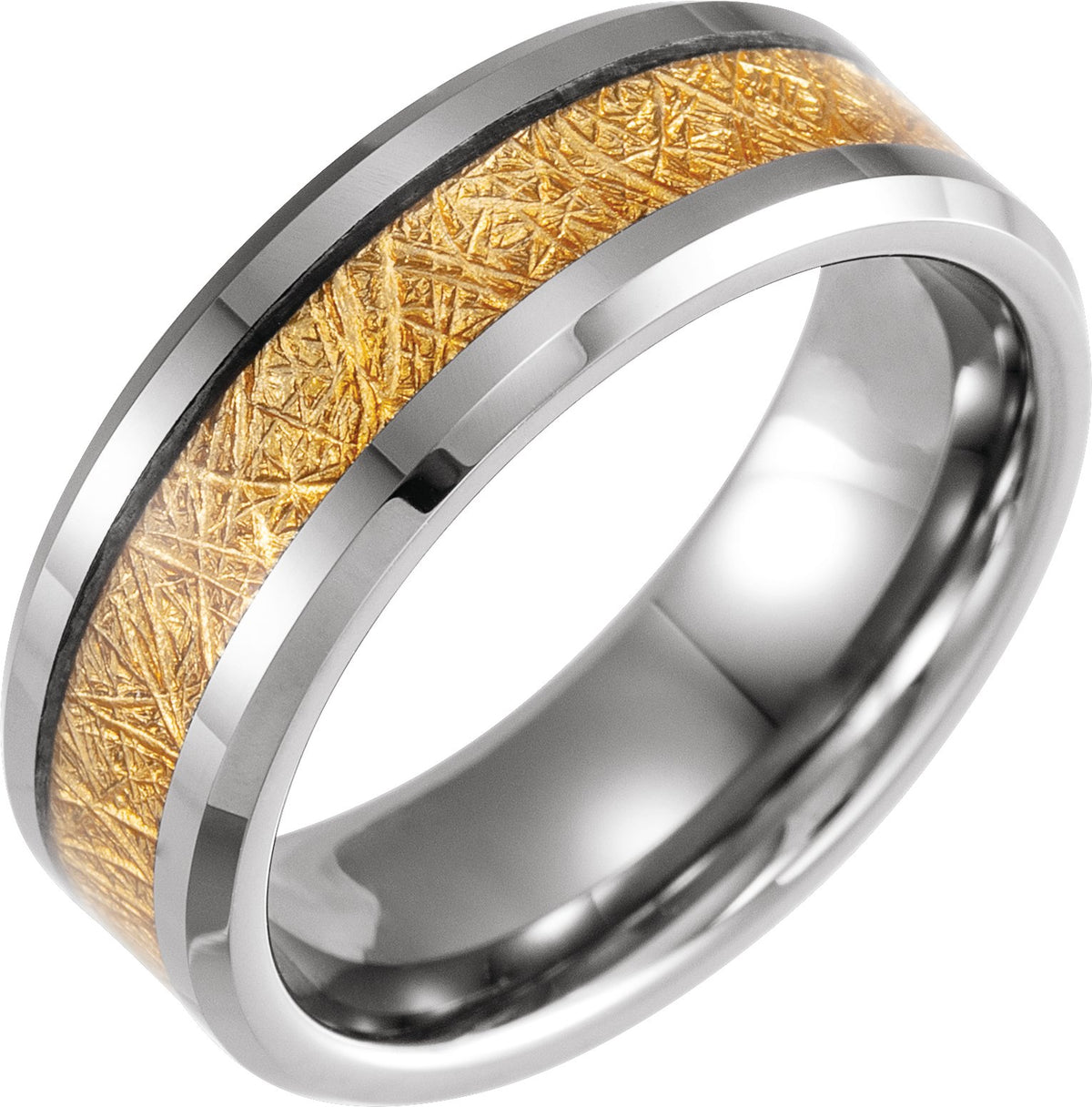 Tungsten Beveled-Edge Imitation Gold Meteorite Inlay Comfort-Fit Flat Band