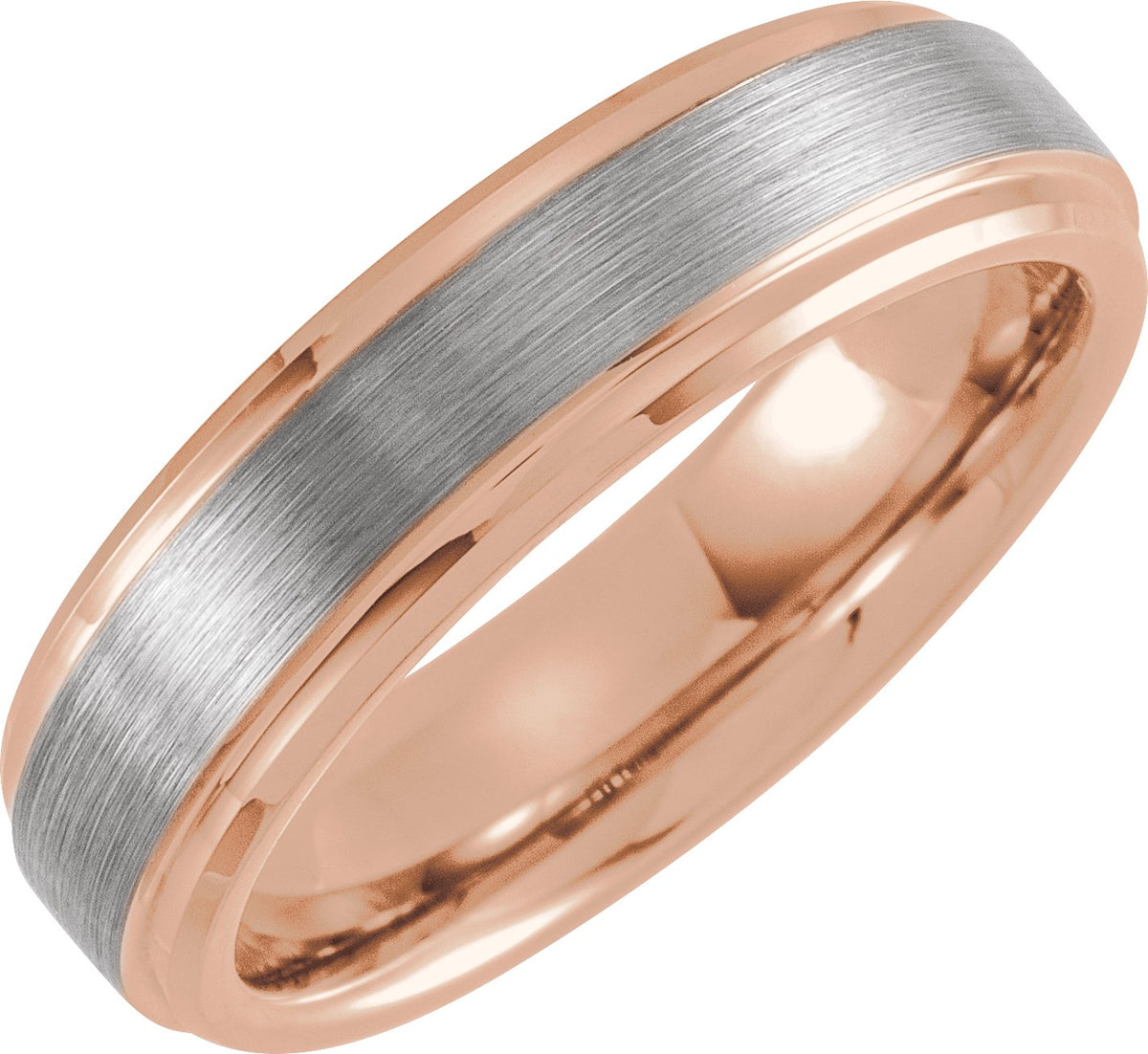 18K Rose Gold PVD-Plated Tungsten Beveled Stepped-Edge Inlay Comfort-Fit Band