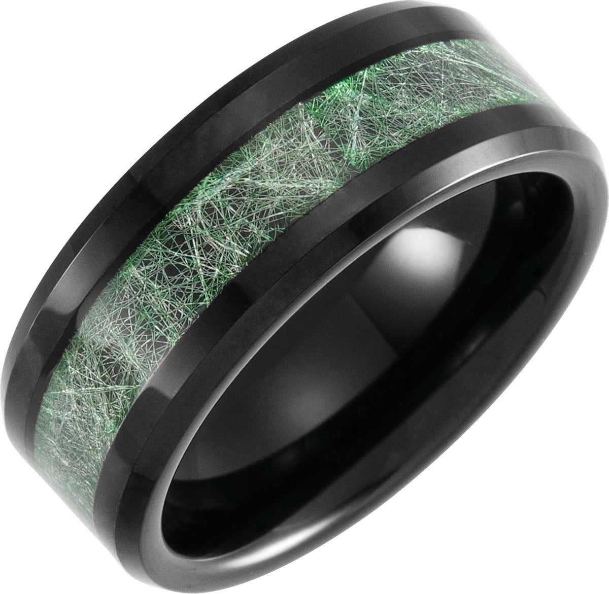 Black PVD Tungsten Beveled-Edge Imitation Meteorite Inlay Comfort-Fit Band
