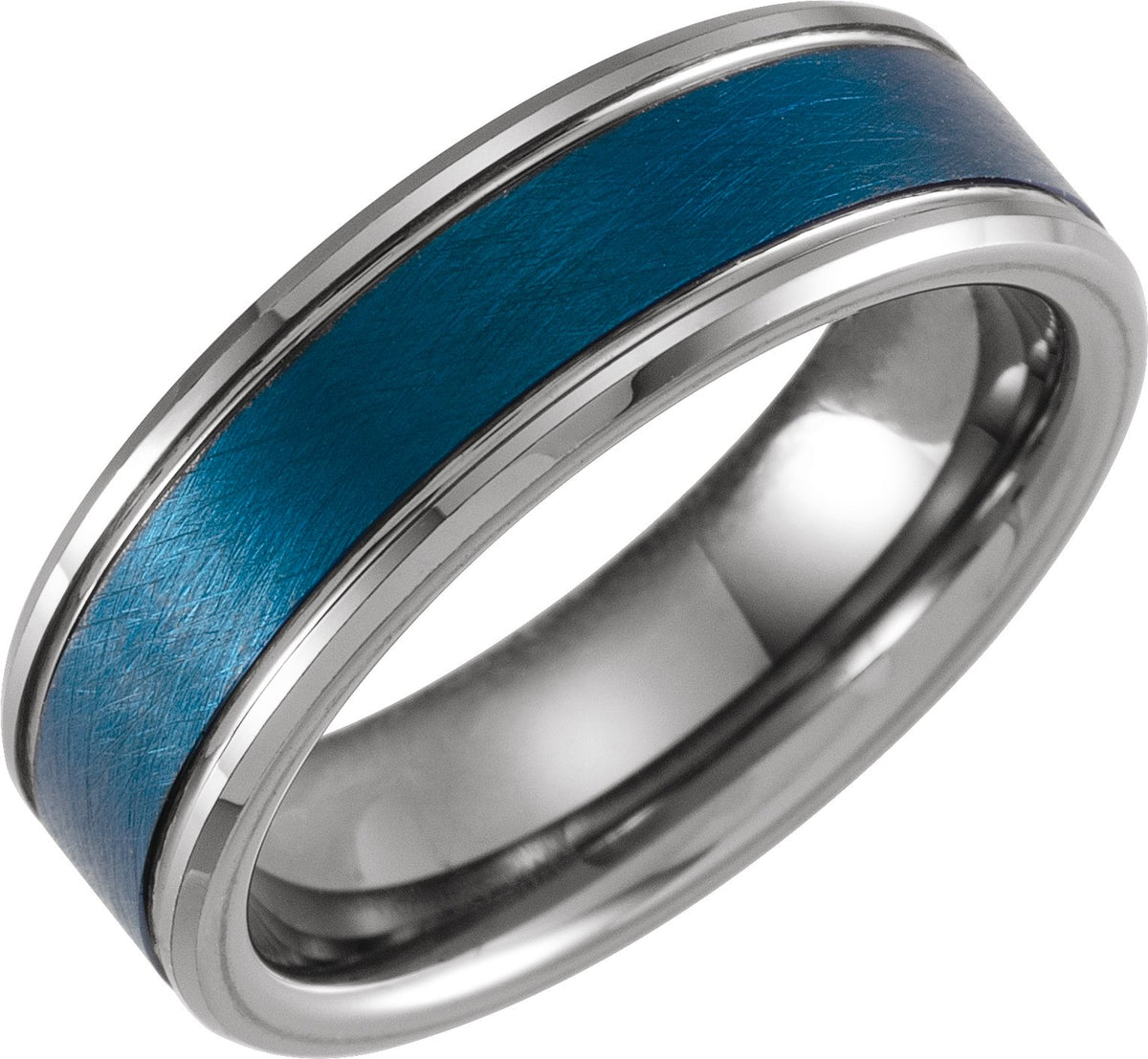 Blue PVD Tungsten Beveled-Edge Grooved Inlay Comfort-Fit Band