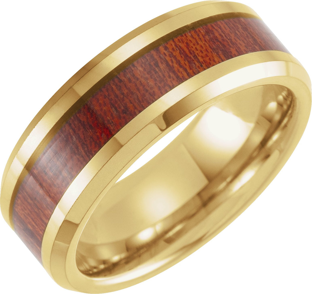 18K Yellow Gold PVD-Plated Tungsten Beveled-Edge Walnut Wood Inlay Comfort-Fit Band