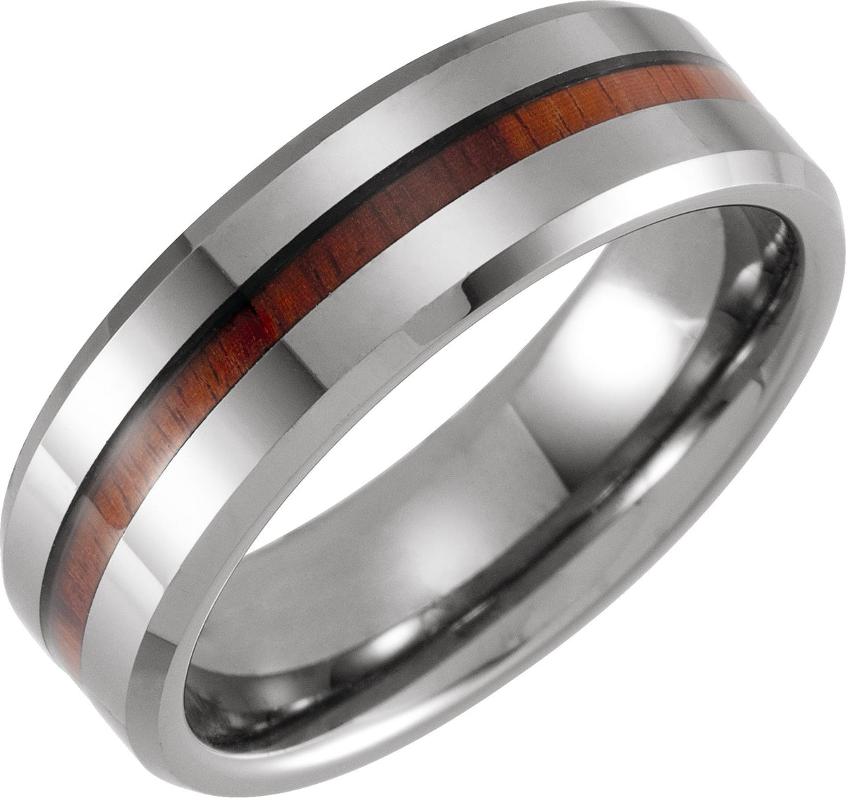 Tungsten 8 mm Beveled-Edge Acacia Wood Inlay Comfort-Fit Band