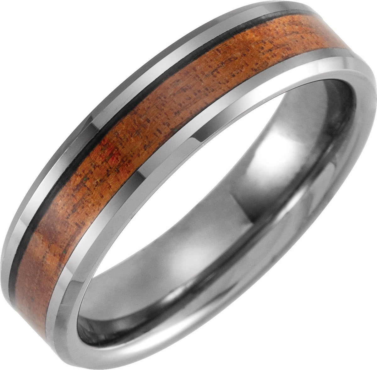 Tungsten Beveled-Edge Acacia Wood Inlay Comfort-Fit Band