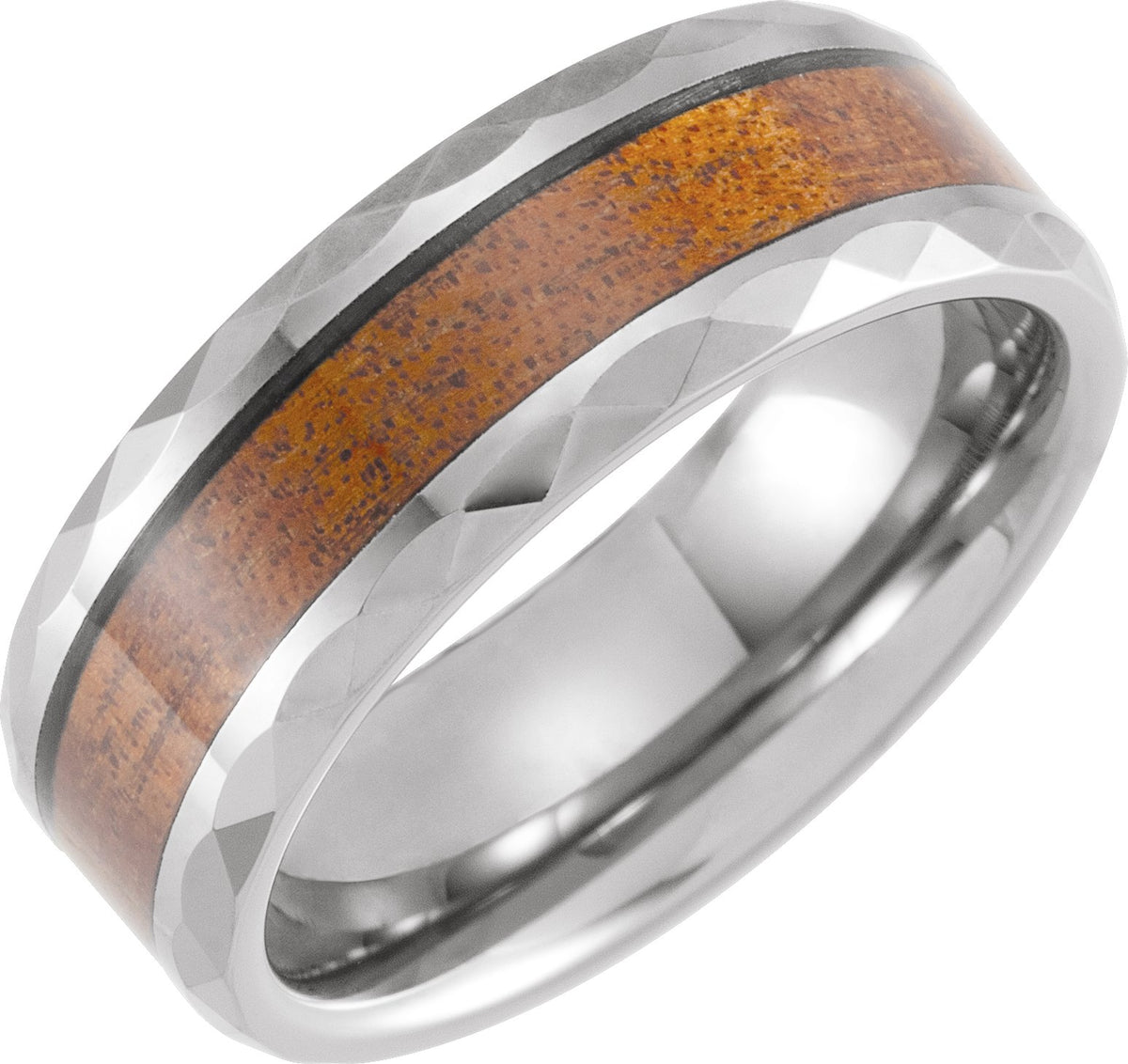 Tungsten Geometric Faceted Beveled-Edge Acacia Wood Inlay Comfort-Fit Band