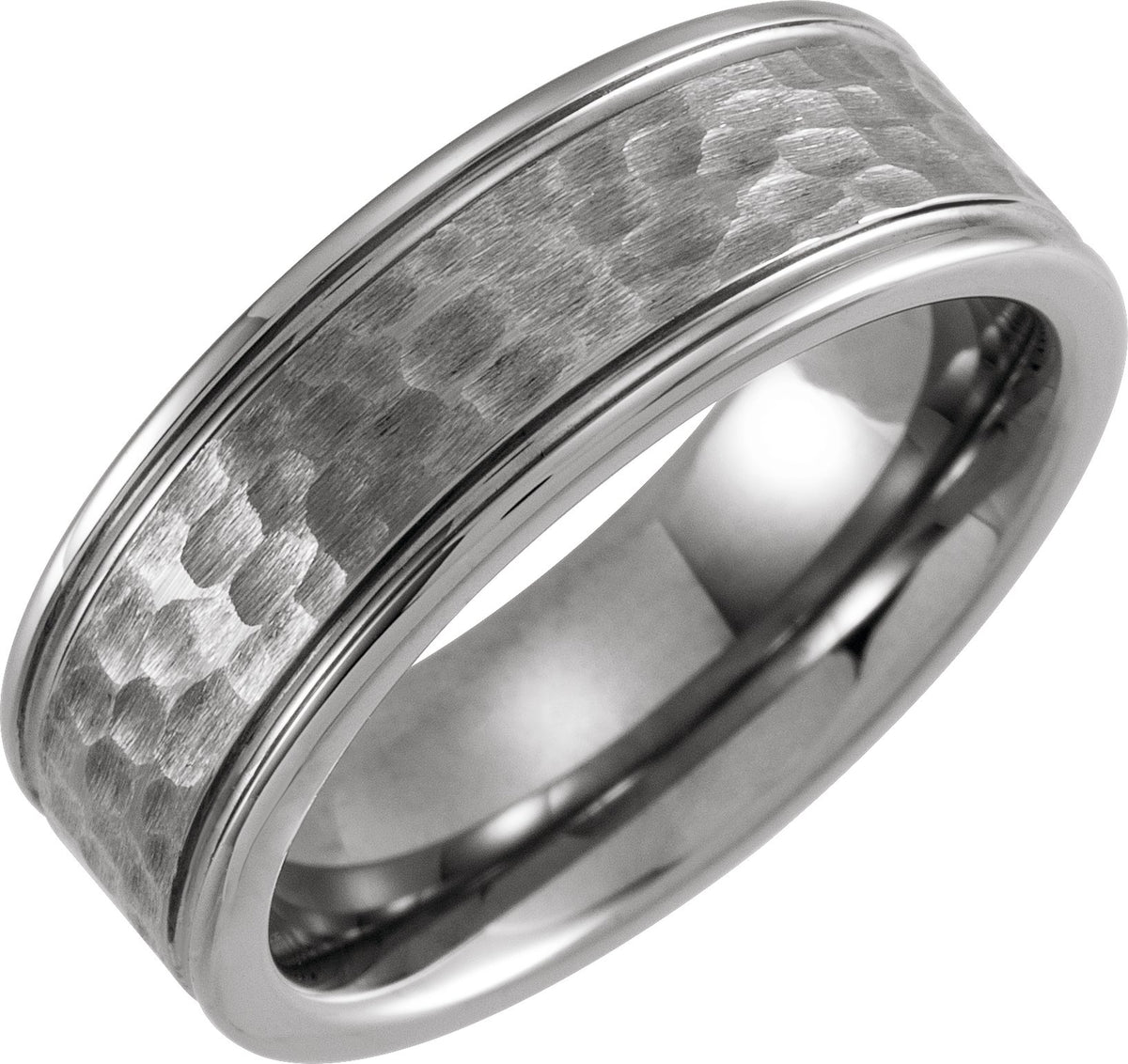 Tungsten Grooved Inlay Comfort-Fit Flat Band with Hammer Finish