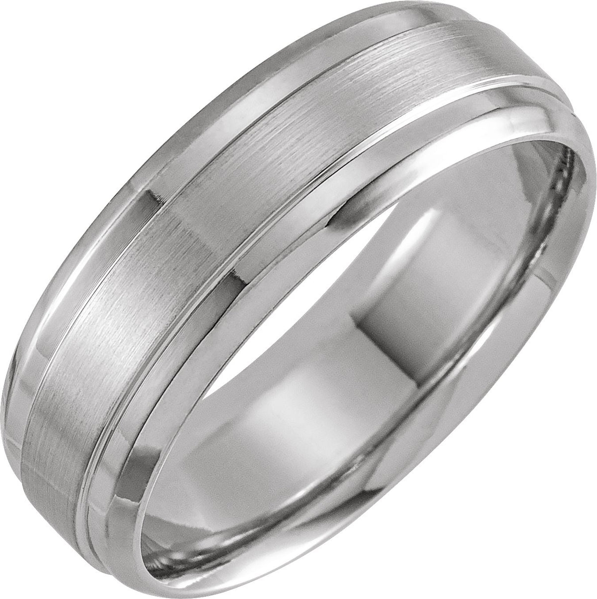 14K White Gold Beveled Stepped-Edge Inlay Comfort-Fit Half Round Band