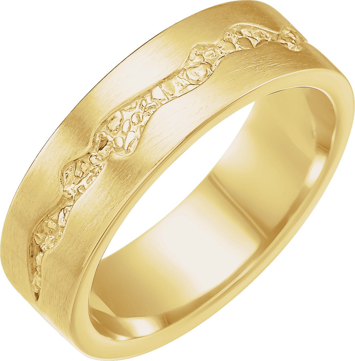 14K Yellow Gold Nugget Pattern Inlay Flat Band