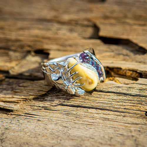 Diamond Royal elk ivory ring in platinum with sapphire — custom bull elk ring by Volakai