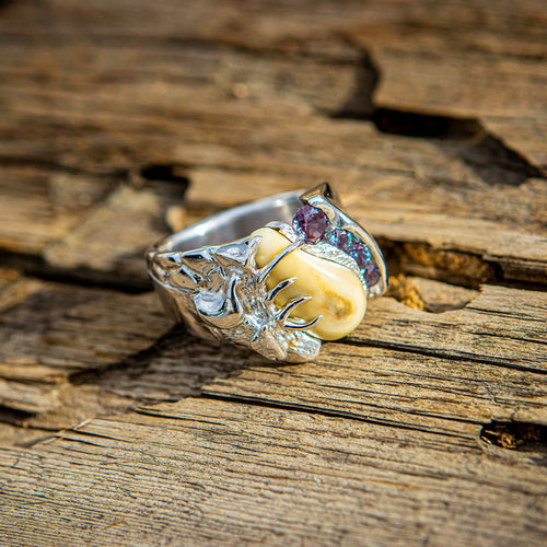 Diamond Royal elk ivory ring in 14k white gold with sapphire — custom bull elk ring by Volakai