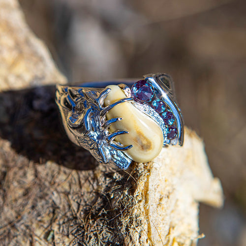 Diamond Royal elk ivory ring in sterling silver with sapphire — custom bull elk ring by Volakai