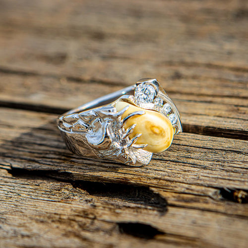 Diamond Royal elk ivory ring in platinum with diamonds — custom bull elk ring by Volakai