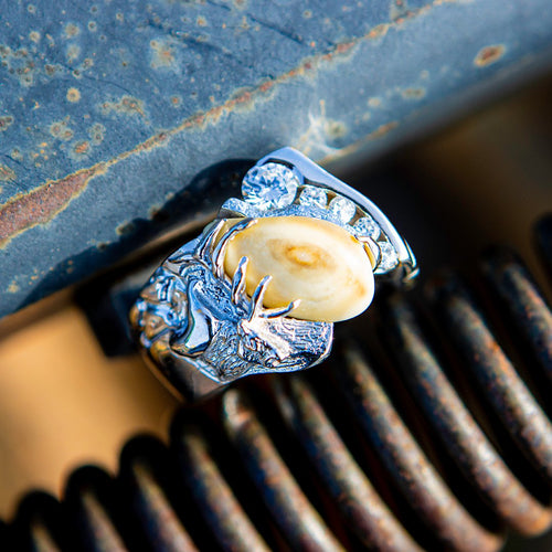 Diamond Royal elk ivory ring in 14k white gold with diamonds — custom bull elk ring by Volakai
