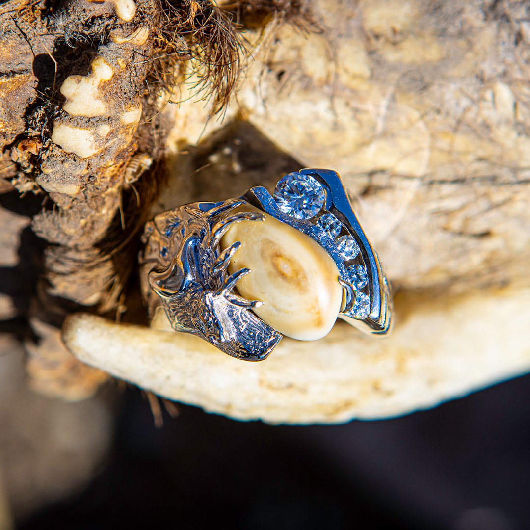 Diamond Royal elk ivory ring in sterling silver with diamonds — custom bull elk ring by Volakai