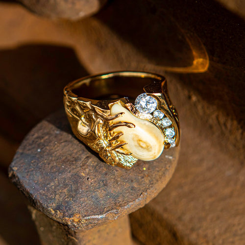Diamond Royal elk ivory ring in 14k yellow gold with diamonds — custom bull elk ring by Volakai