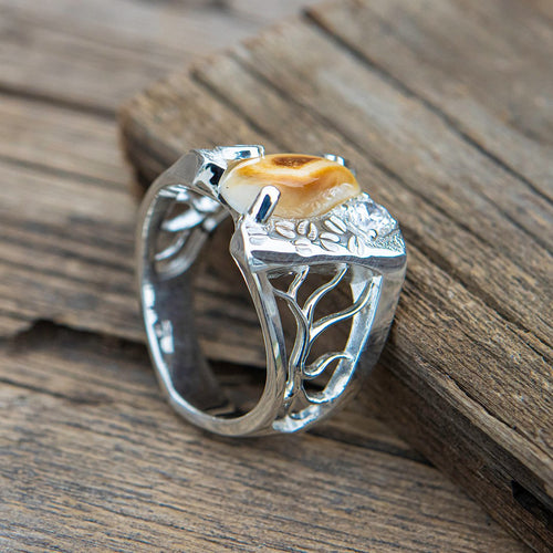 Imperial Diamond Racks & Tracks elk ivory ring in sterling silver with natural diamonds — Volakai