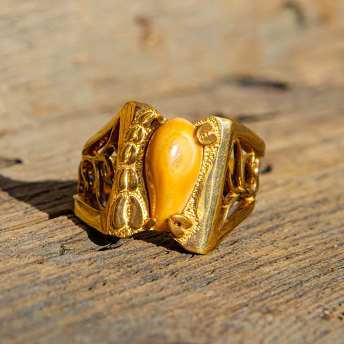 Imperial Racks & Tracks elk ivory ring in 14k yellow gold — bull elk rack and tracks, custom by Volakai