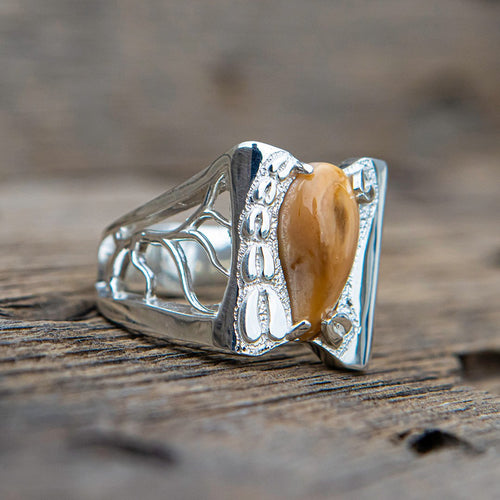 Imperial Racks & Tracks elk ivory ring in 14k white gold — custom bull elk ring by Volakai