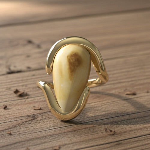 Ladies elk ivory bypass ring in 14k yellow gold — custom elk tooth ring by Volakai