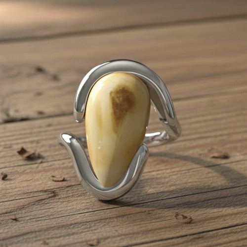 Ladies elk ivory bypass ring in sterling silver — custom elk tooth ring by Volakai