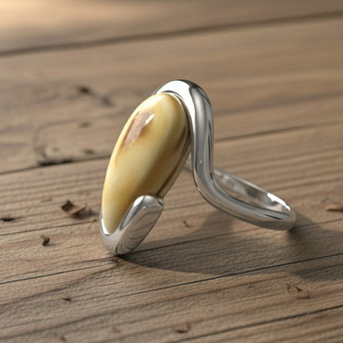 Ladies elk ivory bypass ring in 14k white gold — custom elk tooth ring by Volakai
