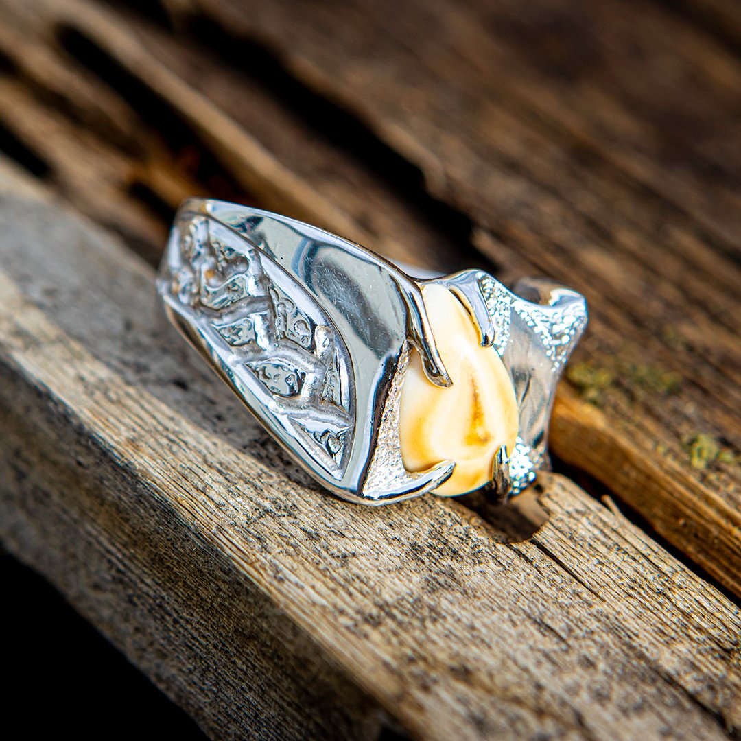 Nugget elk ivory ring in sterling silver — custom elk tooth ring by Volakai