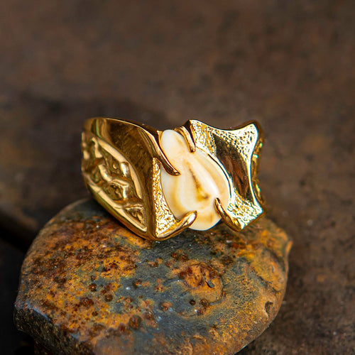 Nugget elk ivory ring in 14k yellow gold — nugget-textured band, custom elk tooth ring by Volakai